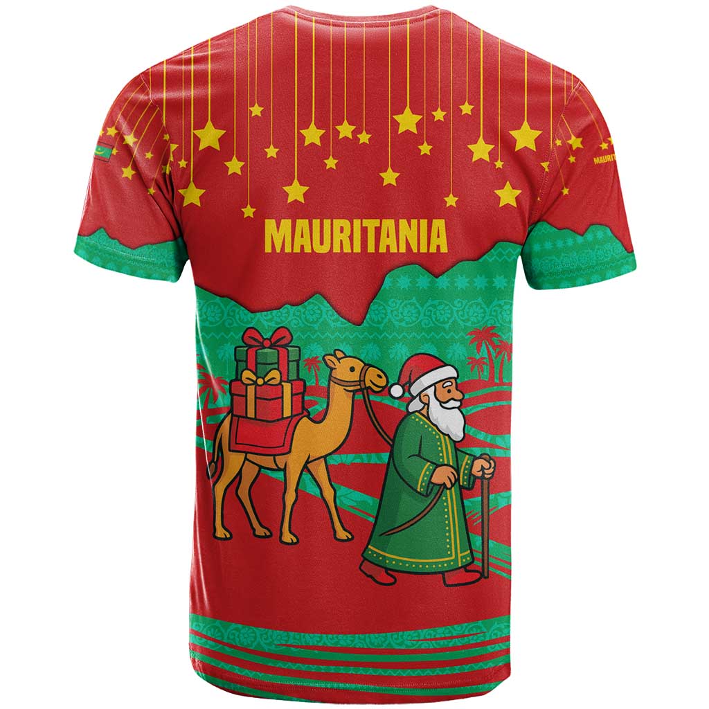 Mauritania Christmas T Shirt with Santa Claus Camel Gift Boxes Starry Sky and Desert Pattern Design - Wonder Print Shop