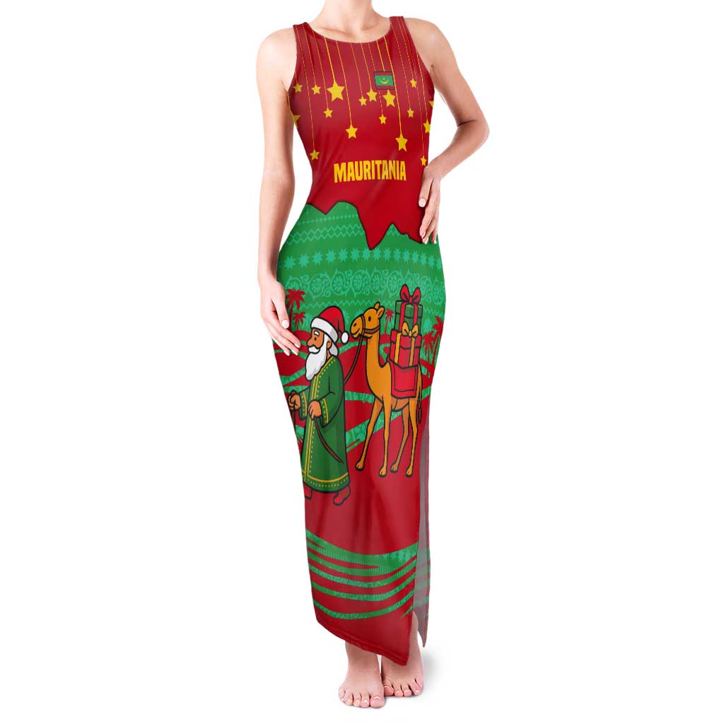 Mauritania Christmas Tank Maxi Dress with Santa Claus Camel Gift Boxes Starry Sky and Desert Pattern Design - Wonder Print Shop