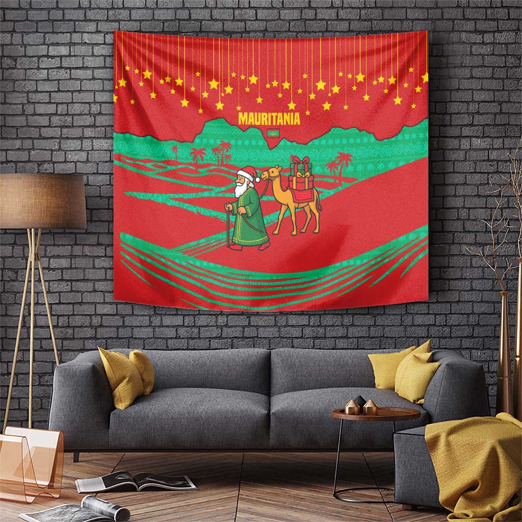 Mauritania Christmas Tapestry with Santa Claus Camel Gift Boxes Starry Sky and Desert Pattern Design - Wonder Print Shop