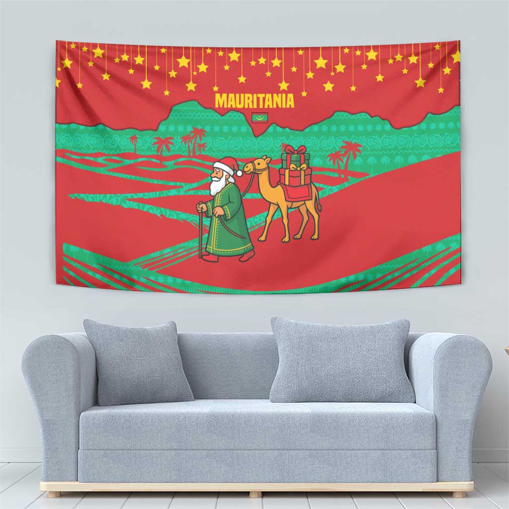 Mauritania Christmas Tapestry with Santa Claus Camel Gift Boxes Starry Sky and Desert Pattern Design - Wonder Print Shop