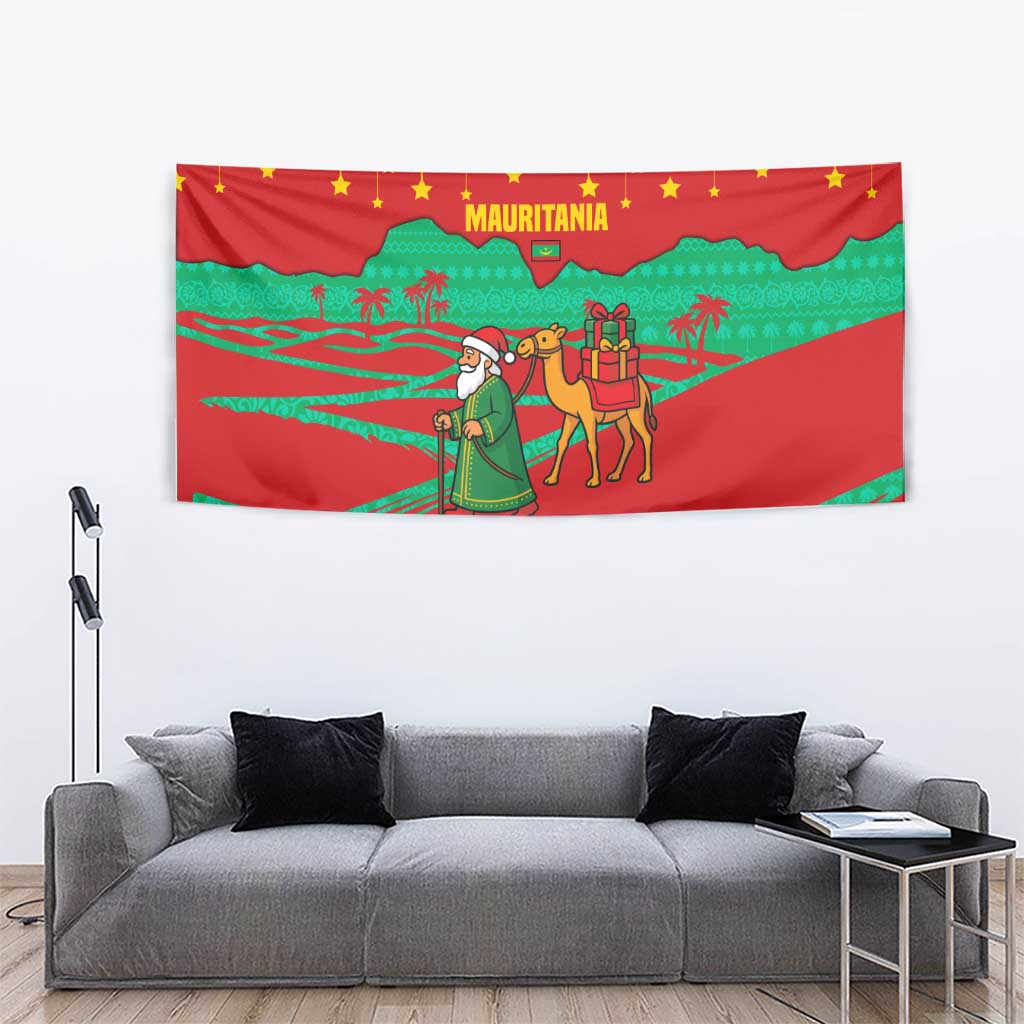 Mauritania Christmas Tapestry with Santa Claus Camel Gift Boxes Starry Sky and Desert Pattern Design - Wonder Print Shop