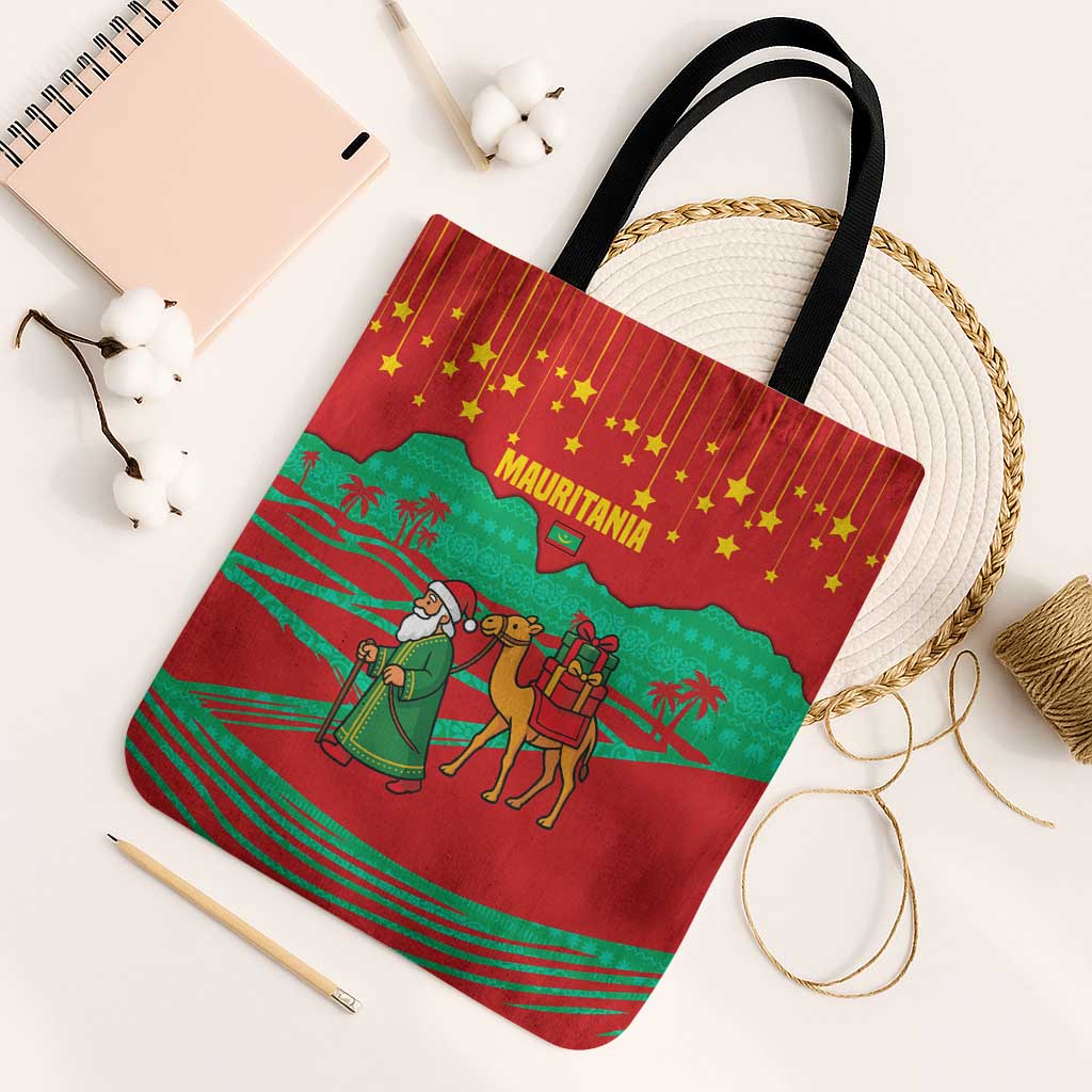Mauritania Christmas Tote Bag with Santa Claus Camel Gift Boxes Starry Sky and Desert Pattern Design - Wonder Print Shop