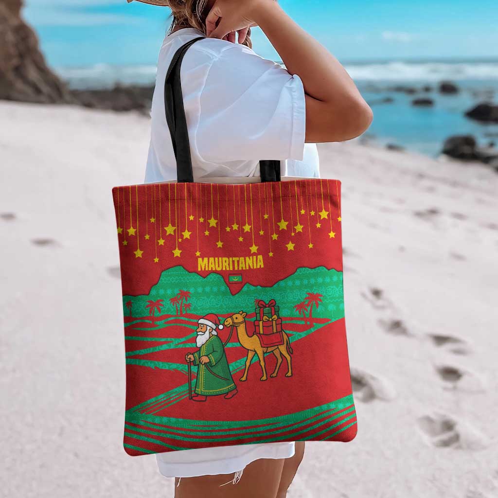 Mauritania Christmas Tote Bag with Santa Claus Camel Gift Boxes Starry Sky and Desert Pattern Design - Wonder Print Shop