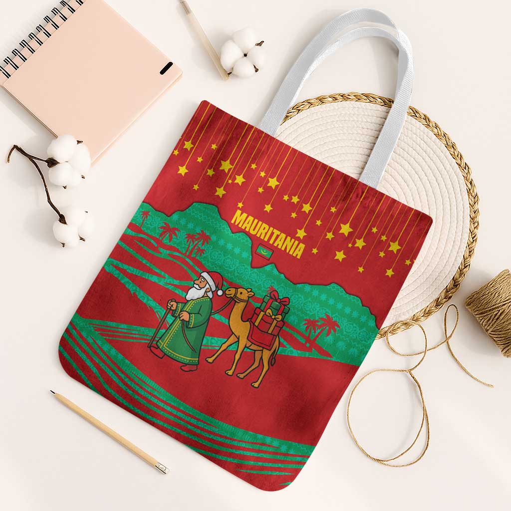 Mauritania Christmas Tote Bag with Santa Claus Camel Gift Boxes Starry Sky and Desert Pattern Design - Wonder Print Shop