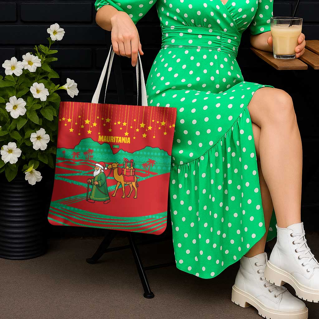 Mauritania Christmas Tote Bag with Santa Claus Camel Gift Boxes Starry Sky and Desert Pattern Design - Wonder Print Shop