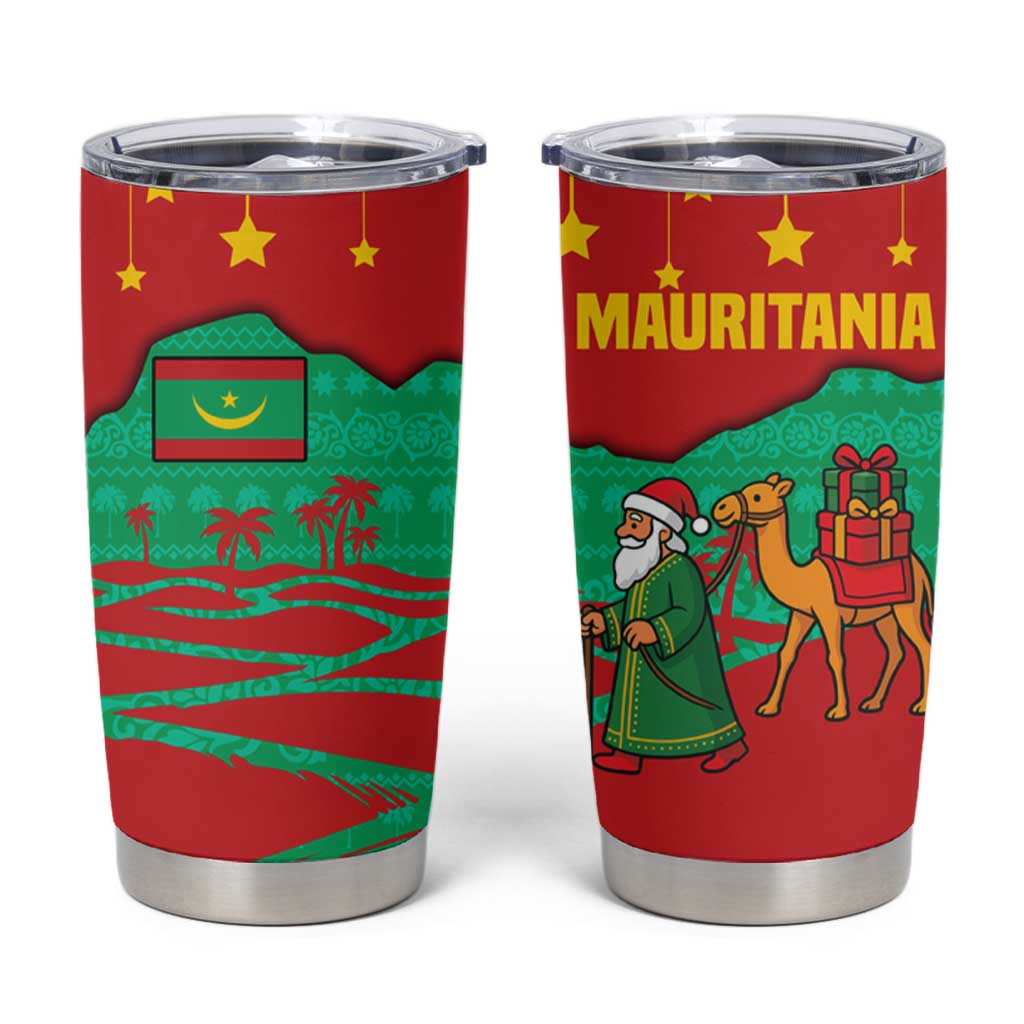 Mauritania Christmas Tumbler Cup with Santa Claus Camel Gift Boxes Starry Sky and Desert Pattern Design - Wonder Print Shop