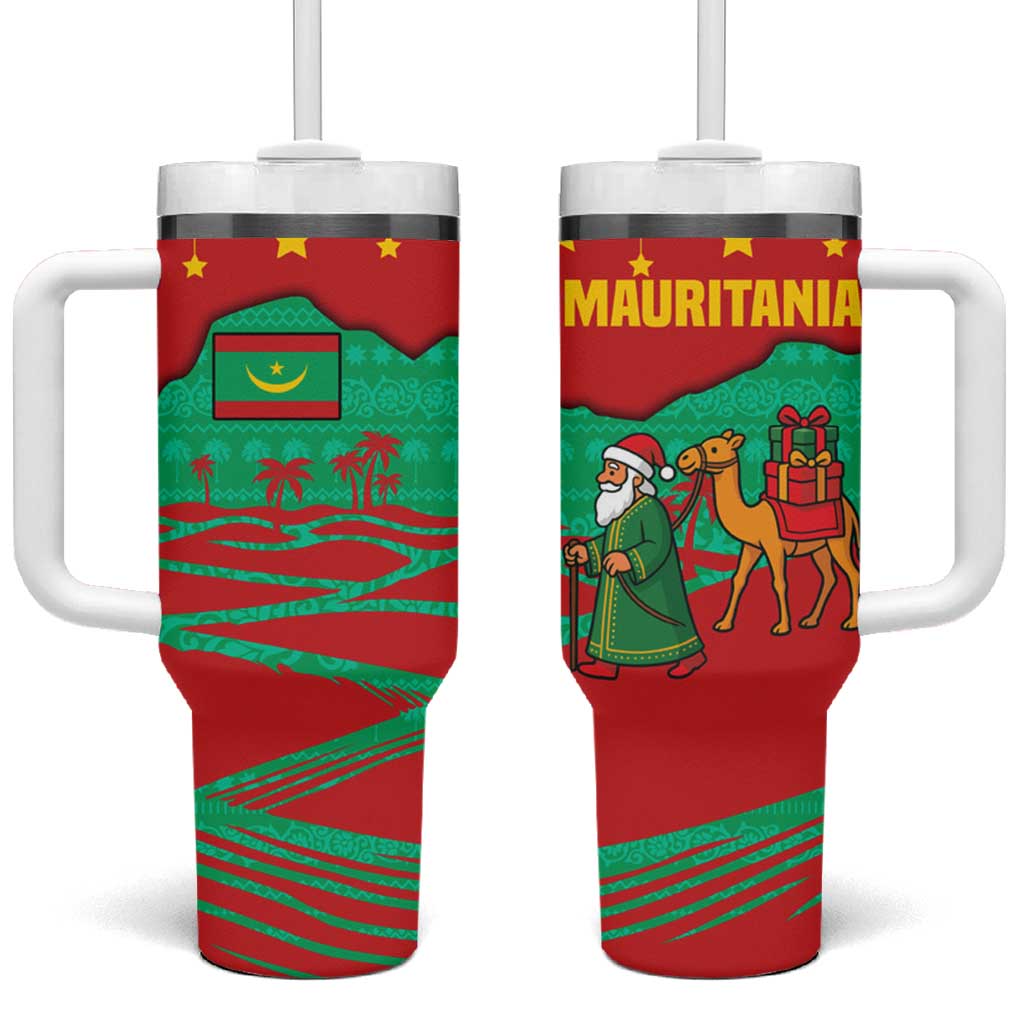 Mauritania Christmas Tumbler With Handle with Santa Claus Camel Gift Boxes Starry Sky and Desert Pattern Design - Wonder Print Shop