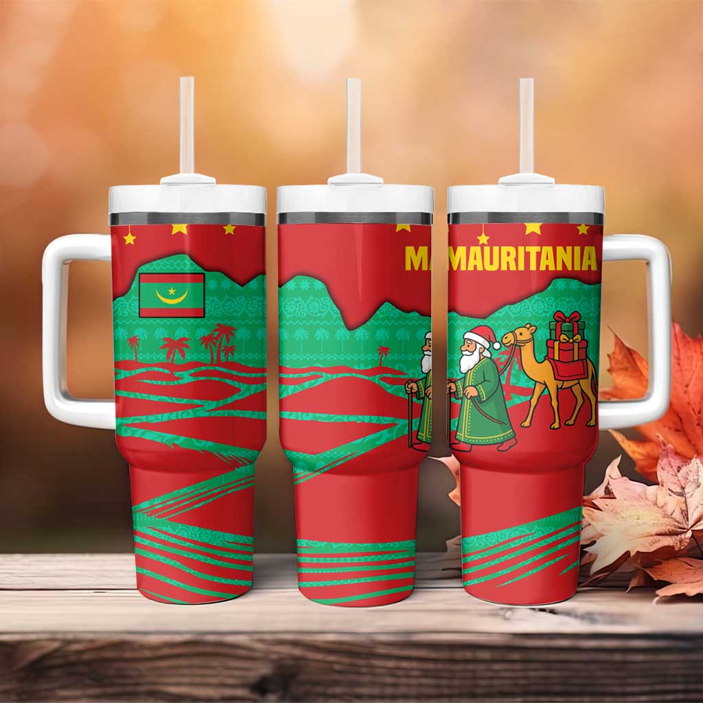 Mauritania Christmas Tumbler With Handle with Santa Claus Camel Gift Boxes Starry Sky and Desert Pattern Design - Wonder Print Shop