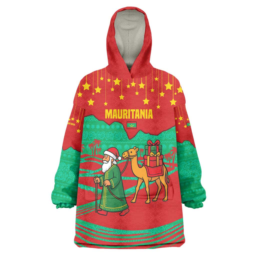 Mauritania Christmas Wearable Blanket Hoodie with Santa Claus Camel Gift Boxes Starry Sky and Desert Pattern Design - Wonder Print Shop