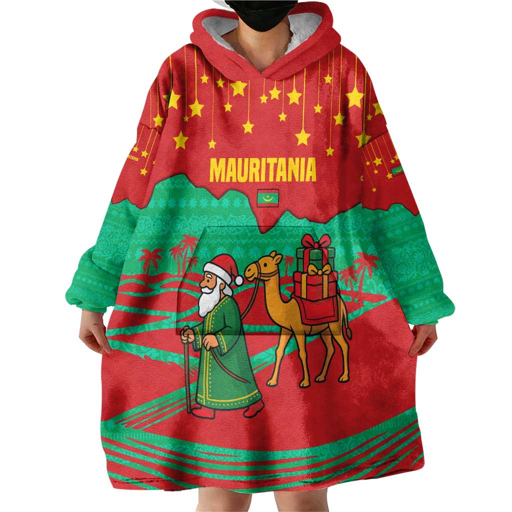 Mauritania Christmas Wearable Blanket Hoodie with Santa Claus Camel Gift Boxes Starry Sky and Desert Pattern Design - Wonder Print Shop