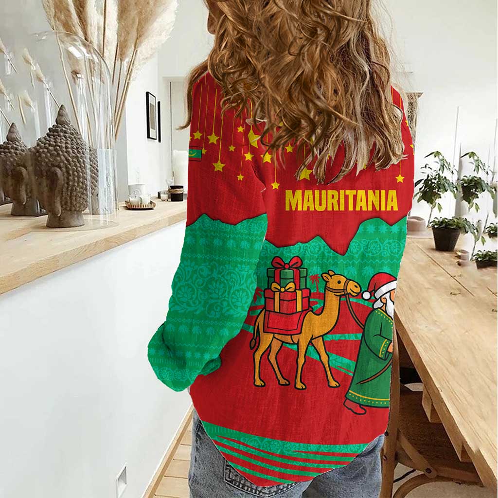 Mauritania Christmas Women Casual Shirt with Santa Claus Camel Gift Boxes Starry Sky and Desert Pattern Design - Wonder Print Shop
