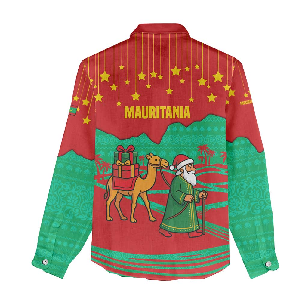 Mauritania Christmas Women Casual Shirt with Santa Claus Camel Gift Boxes Starry Sky and Desert Pattern Design - Wonder Print Shop
