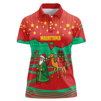 Mauritania Christmas Women Polo Shirt with Santa Claus Camel Gift Boxes Starry Sky and Desert Pattern Design - Wonder Print Shop