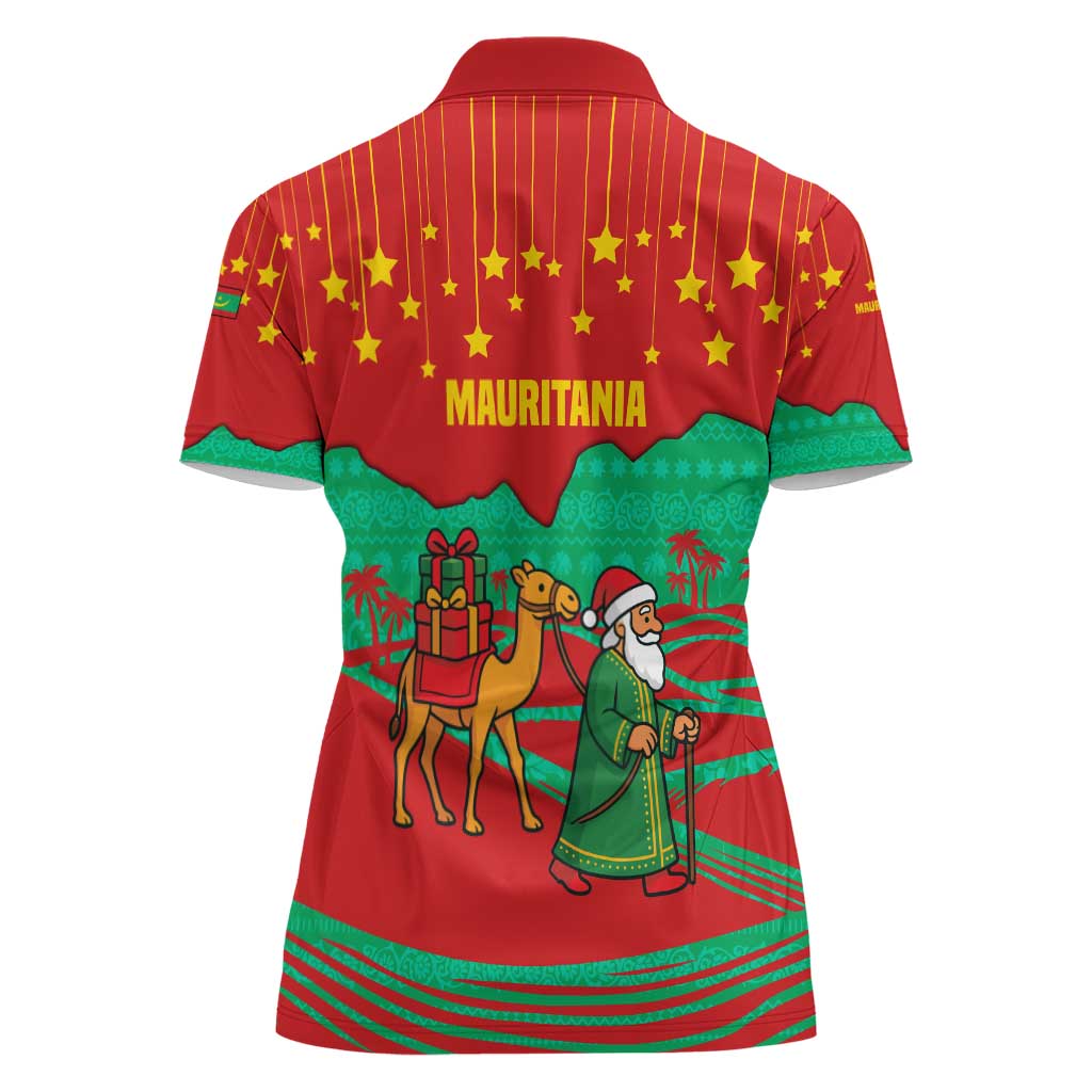 Mauritania Christmas Women Polo Shirt with Santa Claus Camel Gift Boxes Starry Sky and Desert Pattern Design - Wonder Print Shop