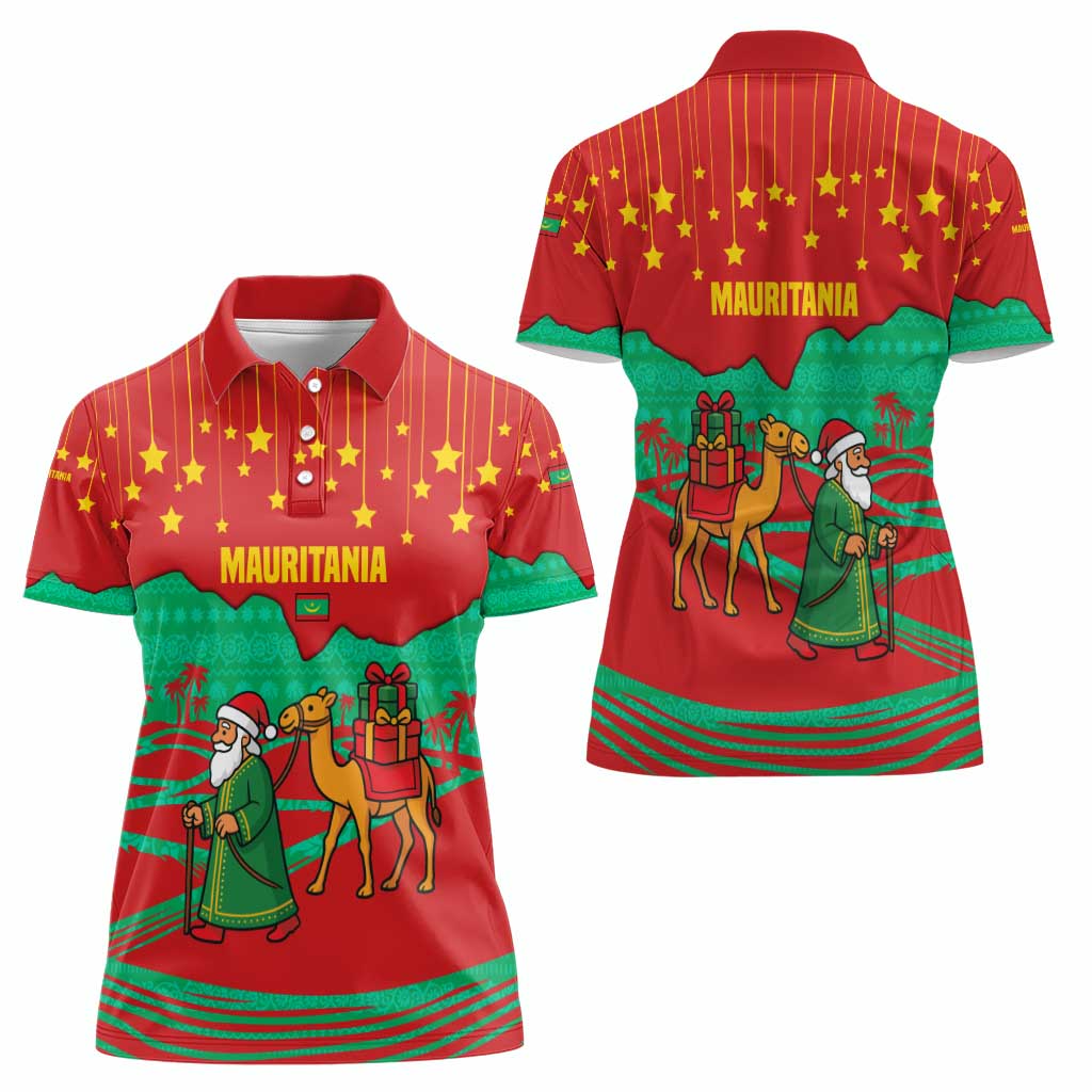 Mauritania Christmas Women Polo Shirt with Santa Claus Camel Gift Boxes Starry Sky and Desert Pattern Design - Wonder Print Shop