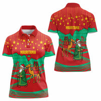 Mauritania Christmas Women Polo Shirt with Santa Claus Camel Gift Boxes Starry Sky and Desert Pattern Design - Wonder Print Shop