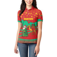 Mauritania Christmas Women Polo Shirt with Santa Claus Camel Gift Boxes Starry Sky and Desert Pattern Design - Wonder Print Shop