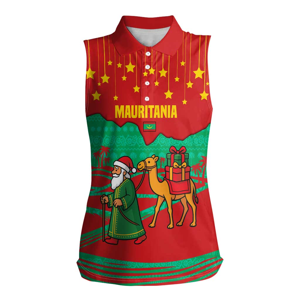 Mauritania Christmas Women Sleeveless Polo Shirt with Santa Claus Camel Gift Boxes Starry Sky and Desert Pattern Design - Wonder Print Shop