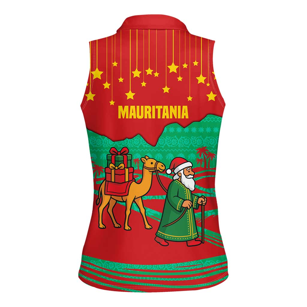 Mauritania Christmas Women Sleeveless Polo Shirt with Santa Claus Camel Gift Boxes Starry Sky and Desert Pattern Design - Wonder Print Shop