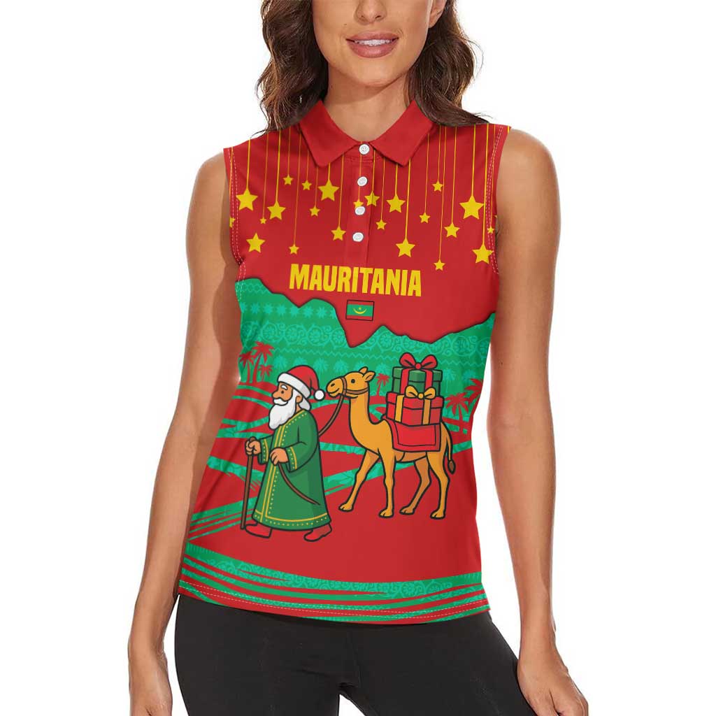 Mauritania Christmas Women Sleeveless Polo Shirt with Santa Claus Camel Gift Boxes Starry Sky and Desert Pattern Design - Wonder Print Shop