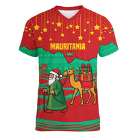 Mauritania Christmas Women V-Neck T-Shirt with Santa Claus Camel Gift Boxes Starry Sky and Desert Pattern Design - Wonder Print Shop