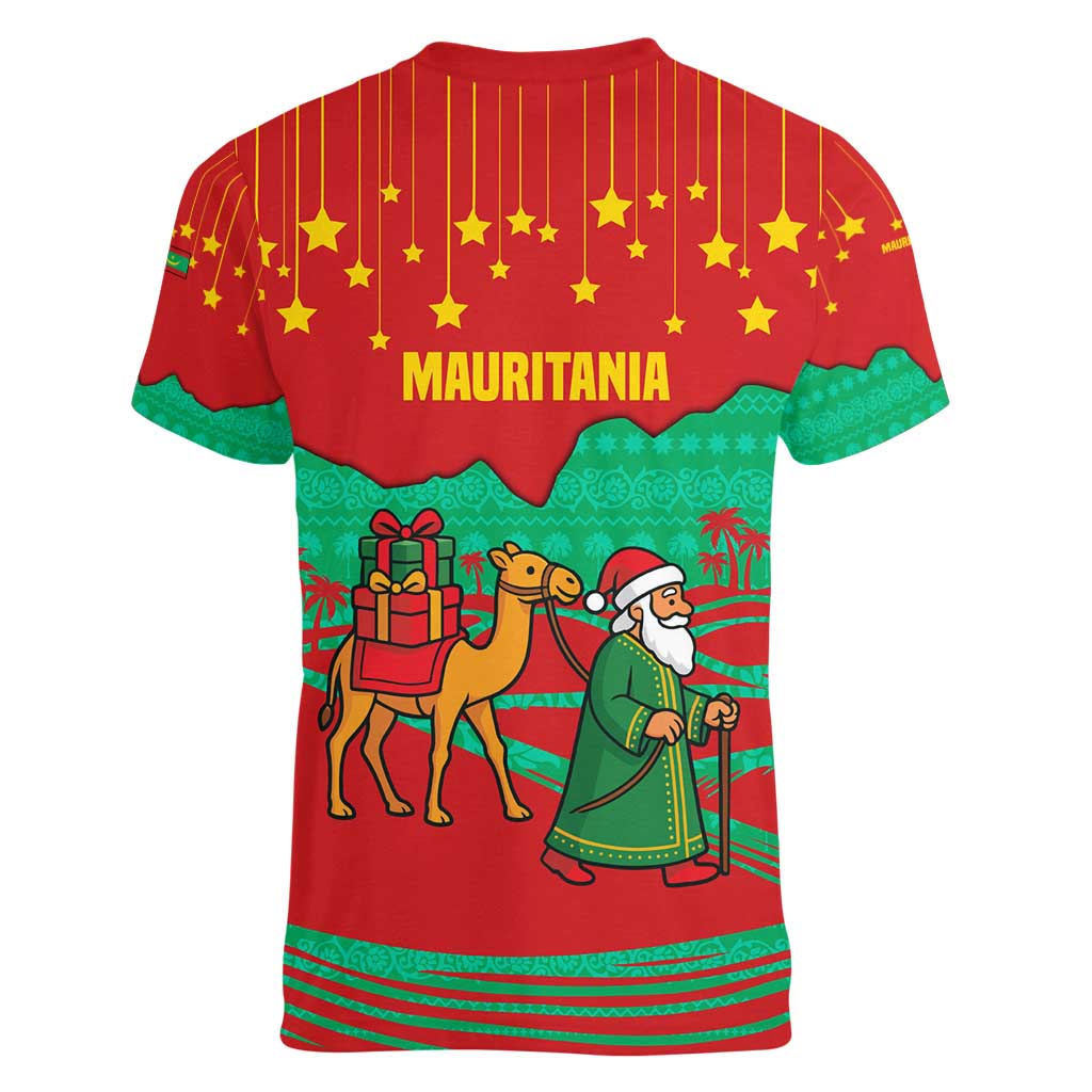 Mauritania Christmas Women V-Neck T-Shirt with Santa Claus Camel Gift Boxes Starry Sky and Desert Pattern Design - Wonder Print Shop
