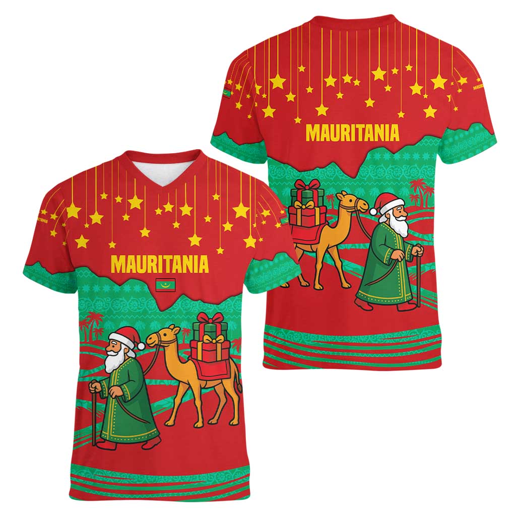 Mauritania Christmas Women V-Neck T-Shirt with Santa Claus Camel Gift Boxes Starry Sky and Desert Pattern Design - Wonder Print Shop