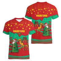 Mauritania Christmas Women V-Neck T-Shirt with Santa Claus Camel Gift Boxes Starry Sky and Desert Pattern Design - Wonder Print Shop