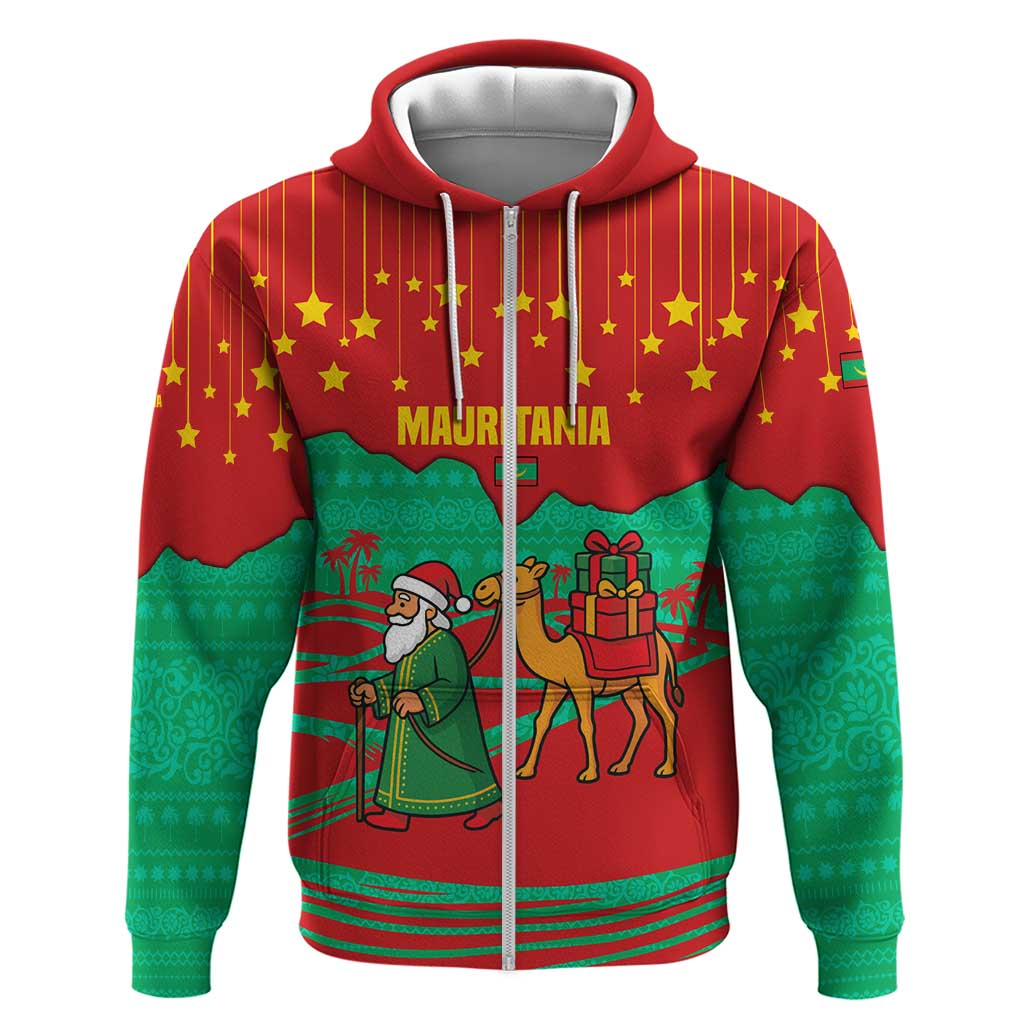 Mauritania Christmas Zip Hoodie with Santa Claus Camel Gift Boxes Starry Sky and Desert Pattern Design - Wonder Print Shop