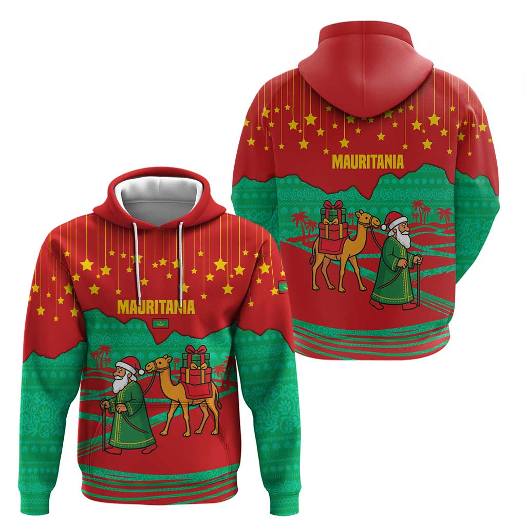 Mauritania Christmas Zip Hoodie with Santa Claus Camel Gift Boxes Starry Sky and Desert Pattern Design - Wonder Print Shop