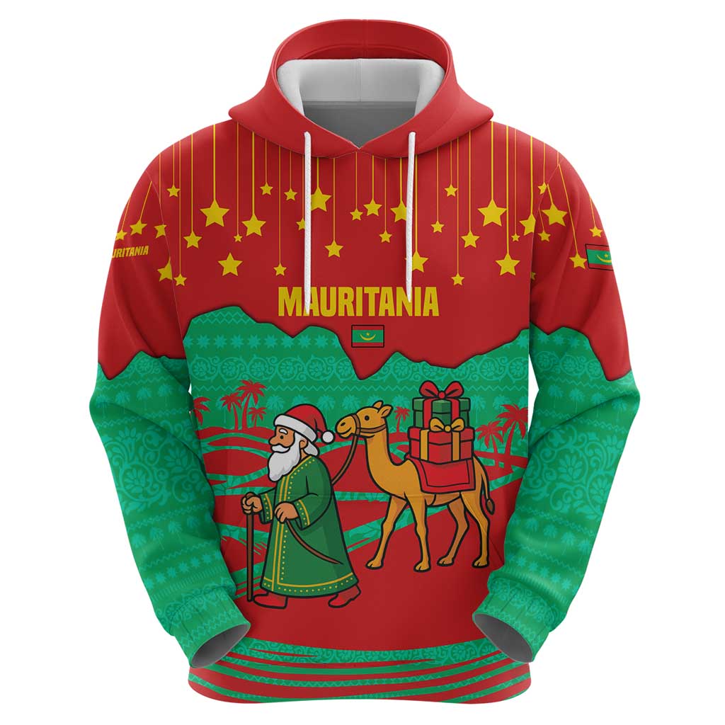Mauritania Christmas Zip Hoodie with Santa Claus Camel Gift Boxes Starry Sky and Desert Pattern Design - Wonder Print Shop