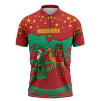 Mauritania Christmas Zipper Polo Shirt with Santa Claus Camel Gift Boxes Starry Sky and Desert Pattern Design - Wonder Print Shop