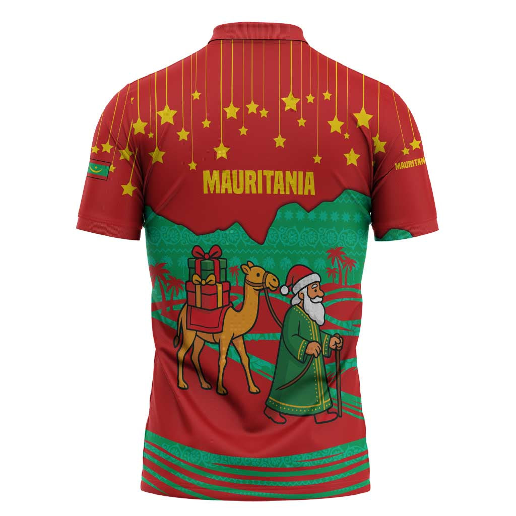 Mauritania Christmas Zipper Polo Shirt with Santa Claus Camel Gift Boxes Starry Sky and Desert Pattern Design - Wonder Print Shop