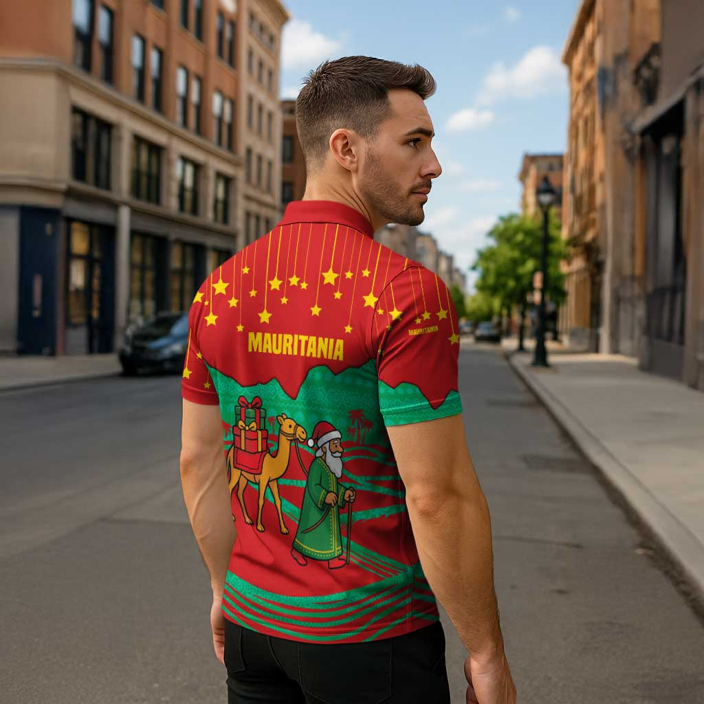Mauritania Christmas Zipper Polo Shirt with Santa Claus Camel Gift Boxes Starry Sky and Desert Pattern Design - Wonder Print Shop