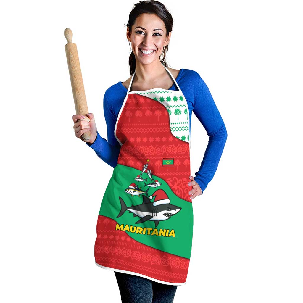 Mauritania Christmas Apron with Santa Sharks Festive Fish Pattern and Red Green Holiday Design - Wonder Print Shop