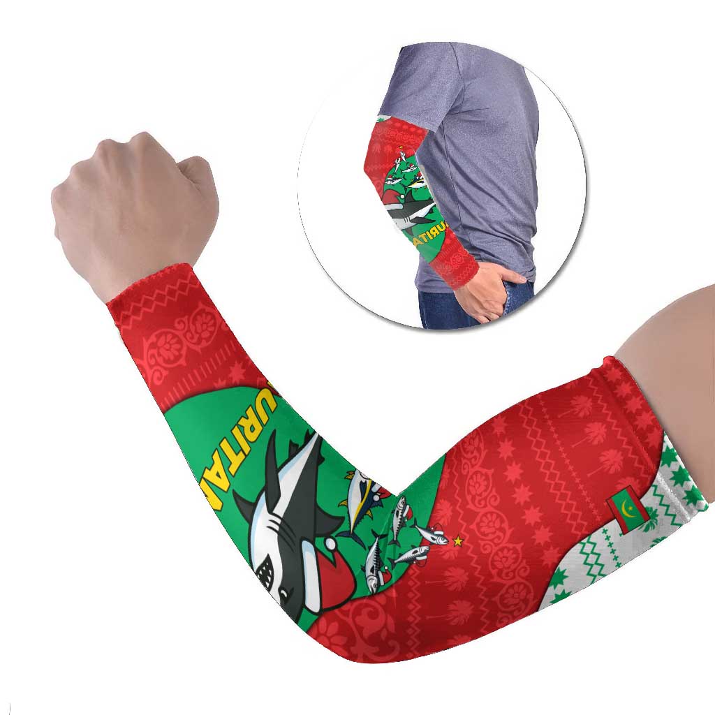 Mauritania Christmas Arm Sleeves with Santa Sharks Festive Fish Pattern and Red Green Holiday Design - Wonder Print Shop