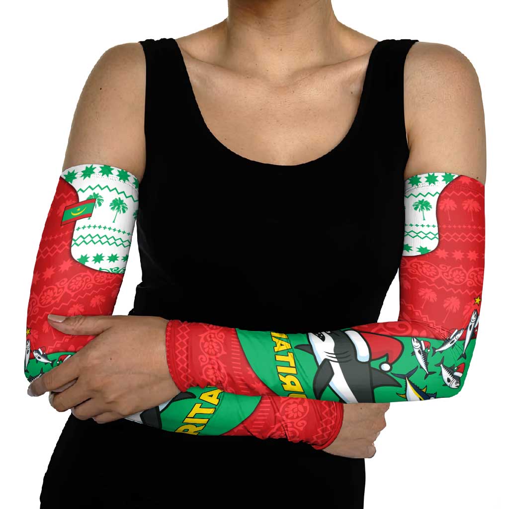 Mauritania Christmas Arm Sleeves with Santa Sharks Festive Fish Pattern and Red Green Holiday Design - Wonder Print Shop