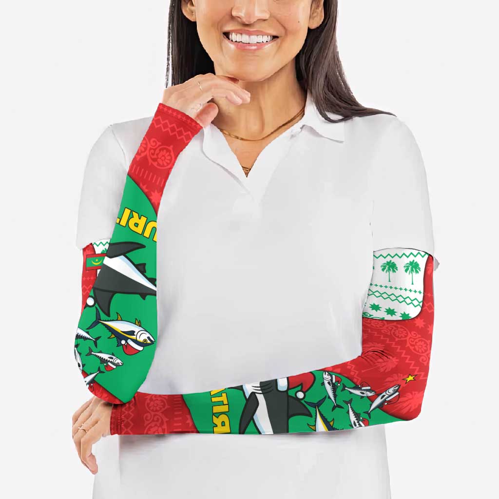 Mauritania Christmas Arm Sleeves with Santa Sharks Festive Fish Pattern and Red Green Holiday Design - Wonder Print Shop