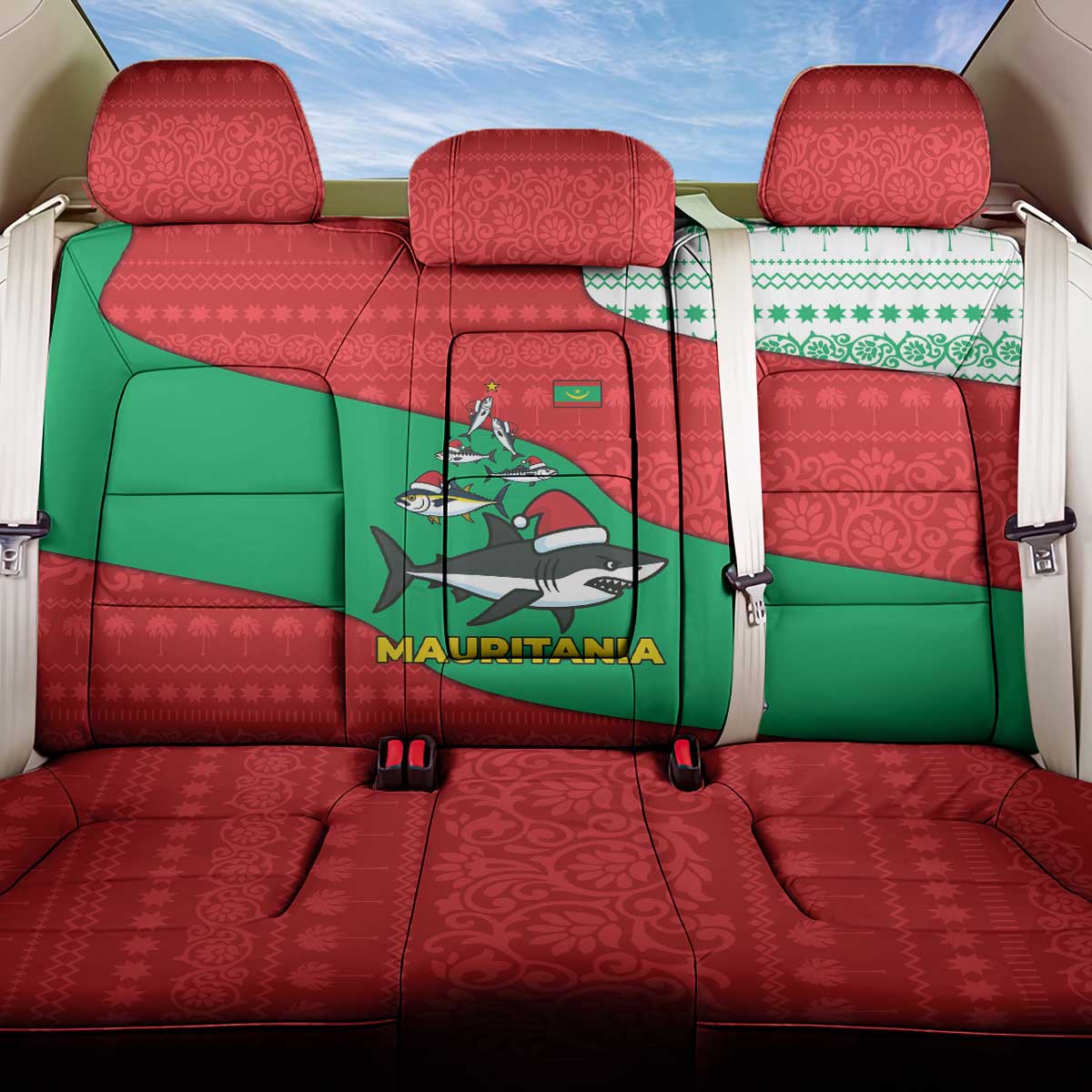 Mauritania Christmas Back Car Seat Cover with Santa Sharks Festive Fish Pattern and Red Green Holiday Design - Wonder Print Shop