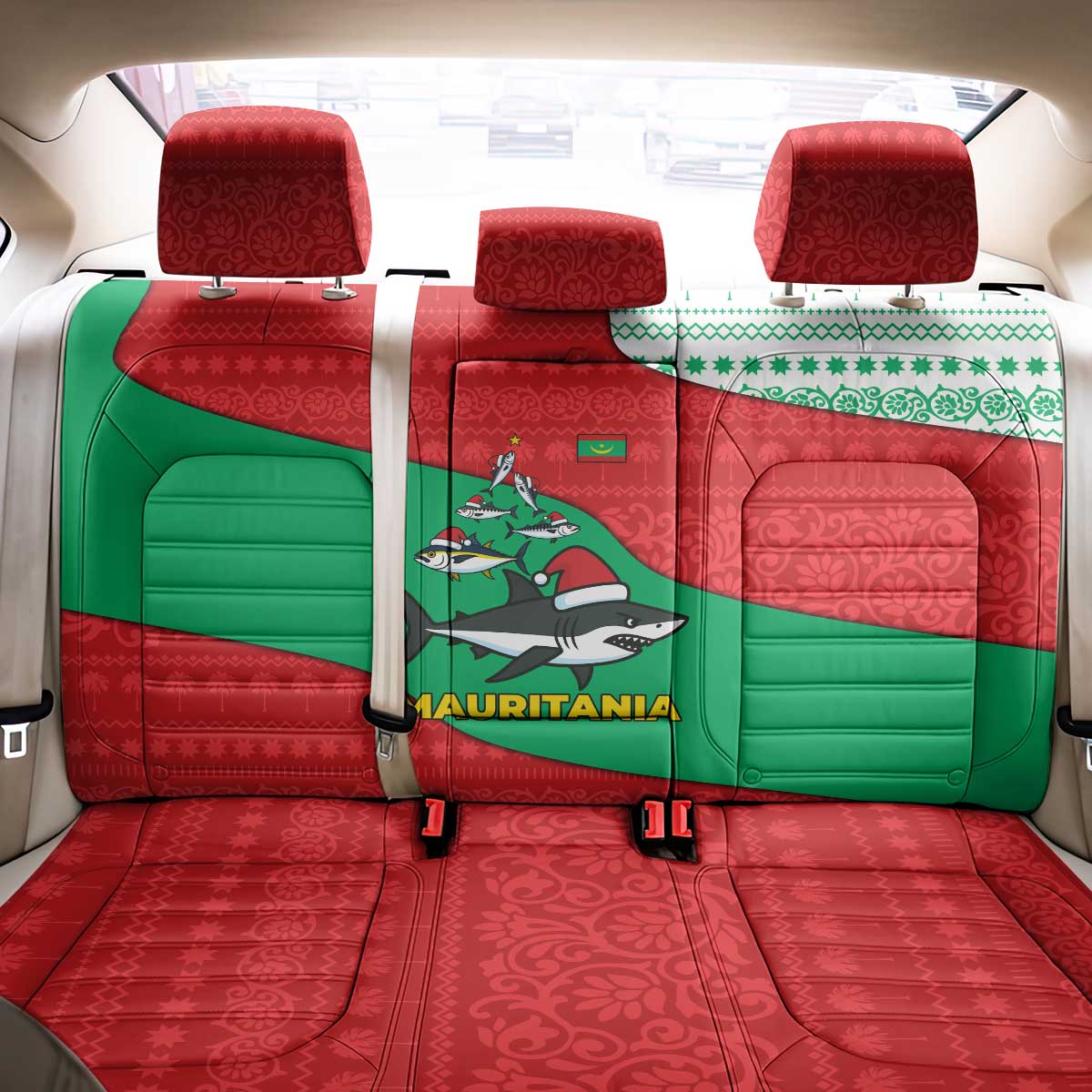 Mauritania Christmas Back Car Seat Cover with Santa Sharks Festive Fish Pattern and Red Green Holiday Design - Wonder Print Shop