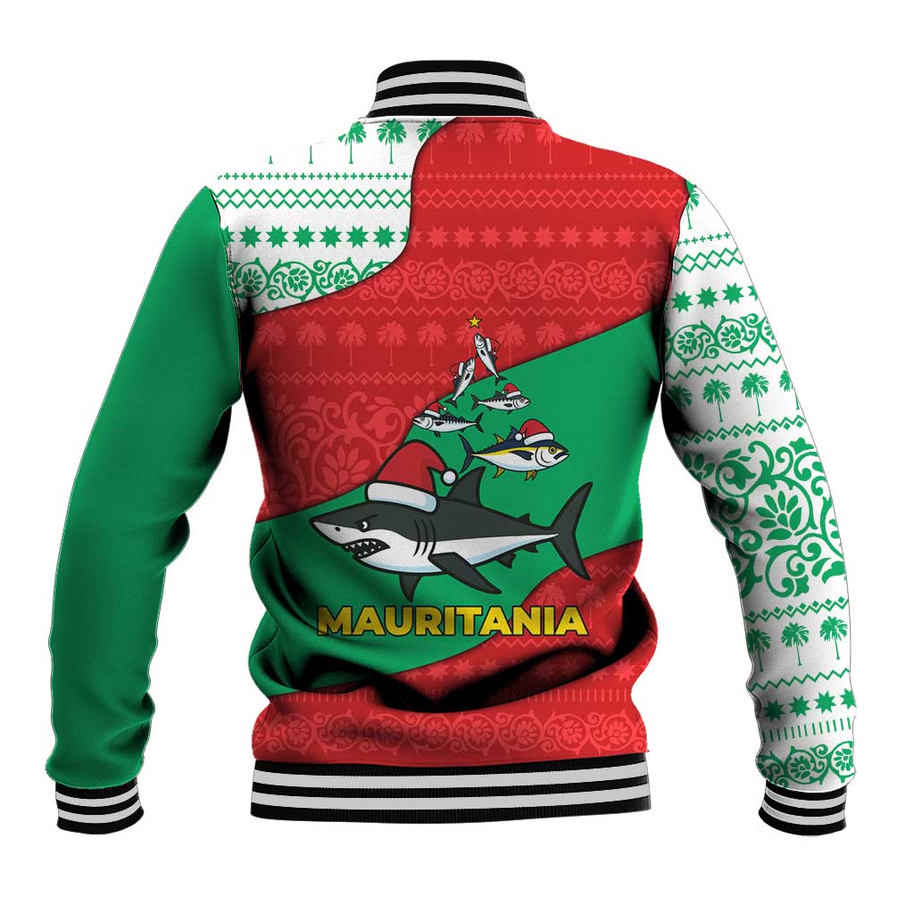 Mauritania Christmas Baseball Jacket with Santa Sharks Festive Fish Pattern and Red Green Holiday Design - Wonder Print Shop
