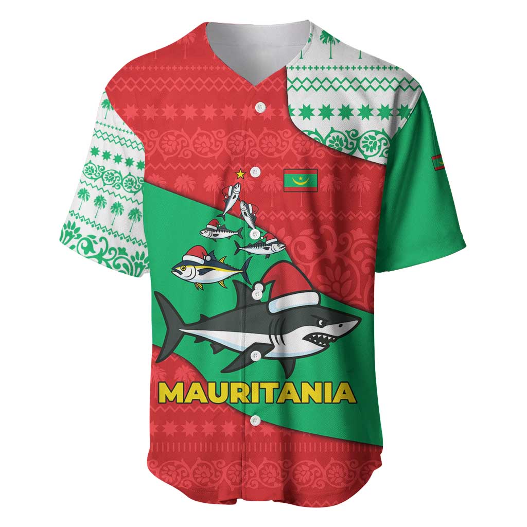 Mauritania Christmas Baseball Jersey with Santa Sharks Festive Fish Pattern and Red Green Holiday Design - Wonder Print Shop