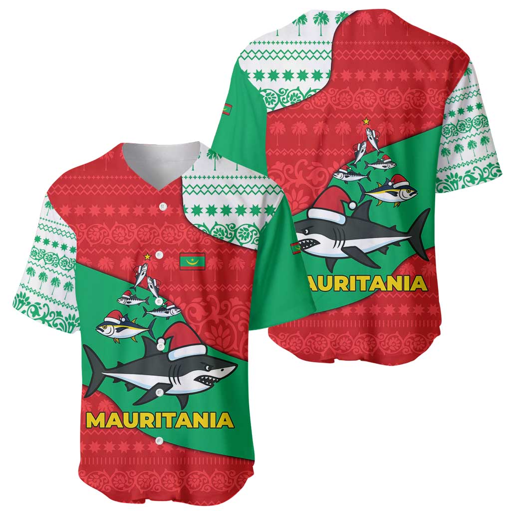 Mauritania Christmas Baseball Jersey with Santa Sharks Festive Fish Pattern and Red Green Holiday Design - Wonder Print Shop