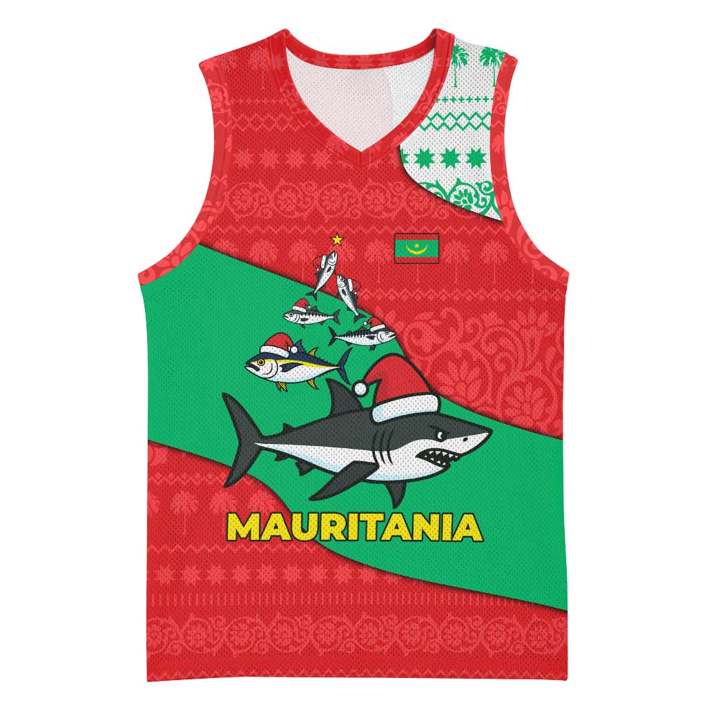 Mauritania Christmas Basketball Jersey with Santa Sharks Festive Fish Pattern and Red Green Holiday Design - Wonder Print Shop