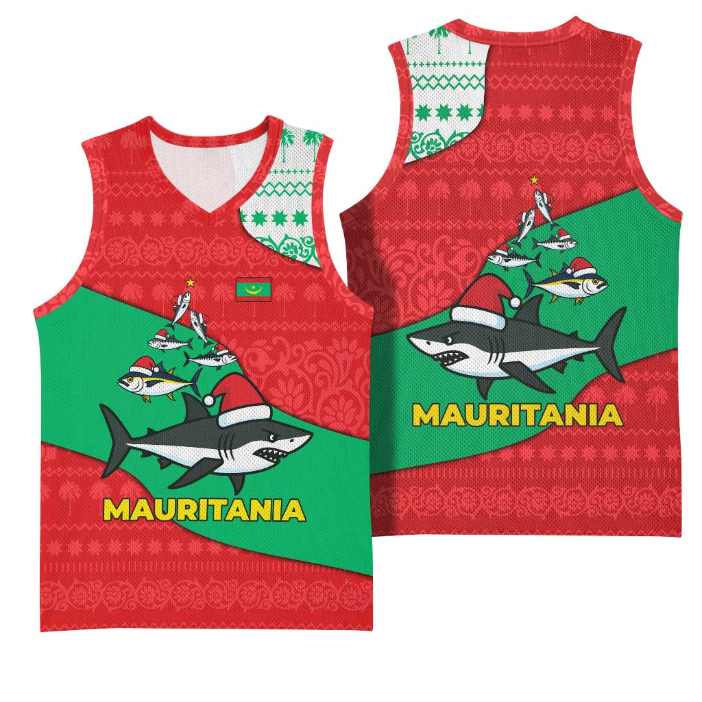 Mauritania Christmas Basketball Jersey with Santa Sharks Festive Fish Pattern and Red Green Holiday Design - Wonder Print Shop