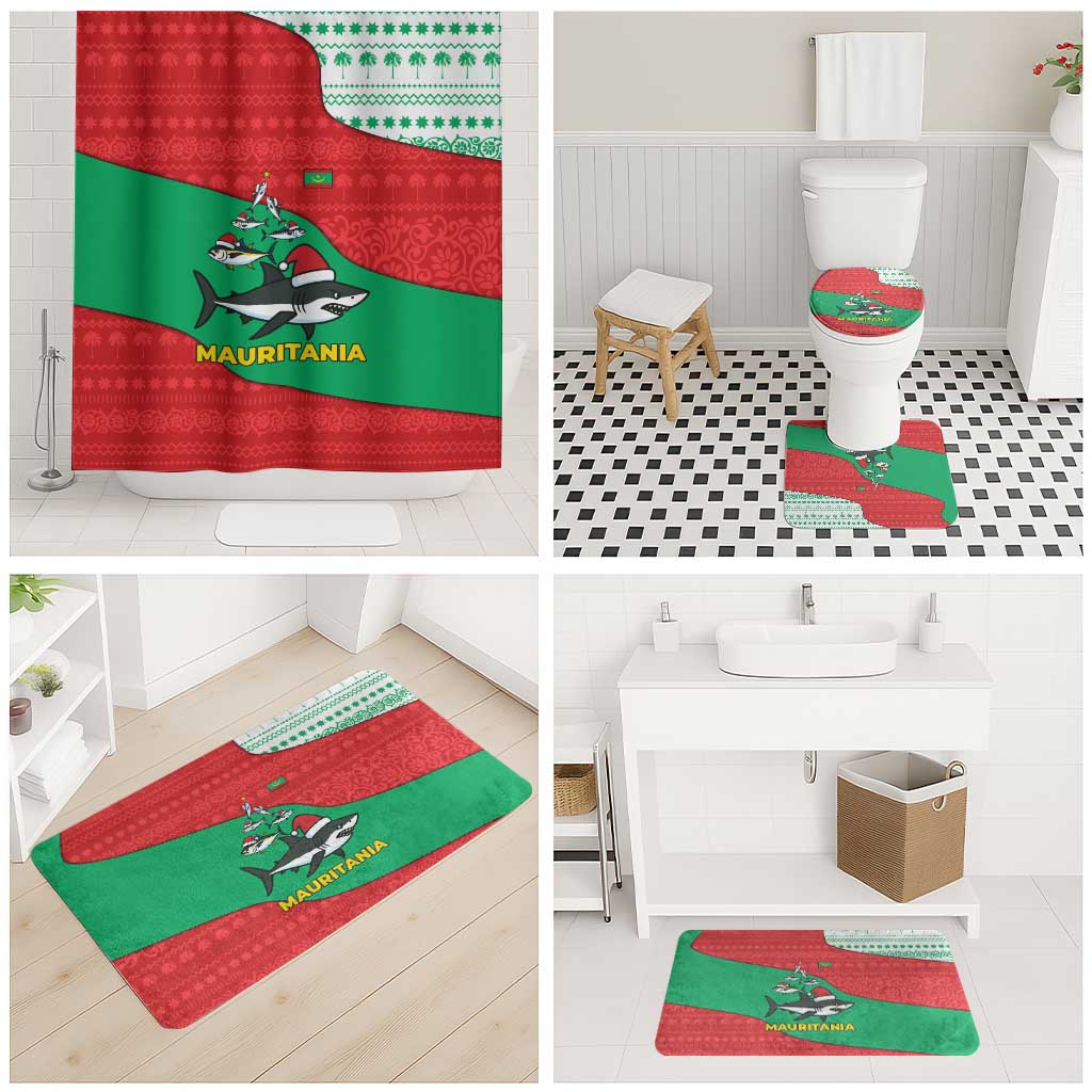 Mauritania Christmas Bathroom Set with Santa Sharks Festive Fish Pattern and Red Green Holiday Design - Wonder Print Shop