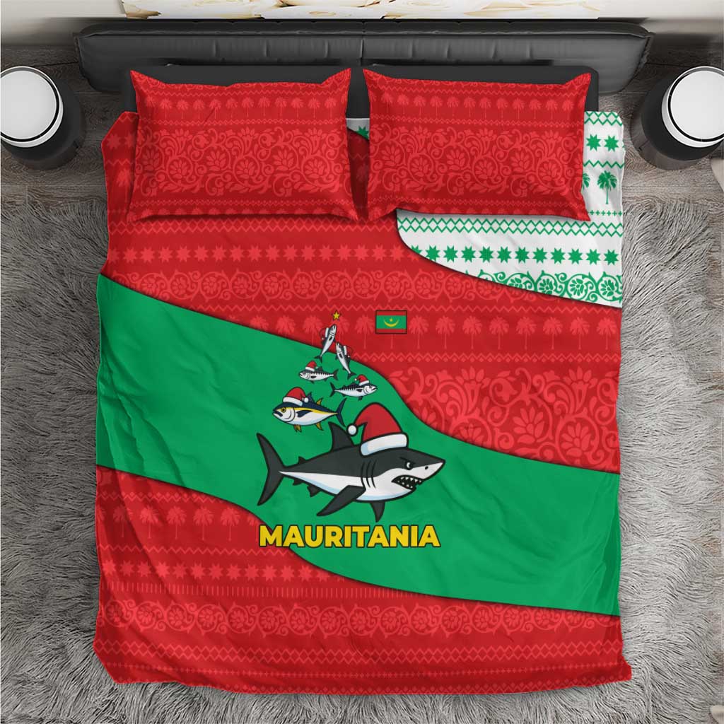 Mauritania Christmas Bedding Set with Santa Sharks Festive Fish Pattern and Red Green Holiday Design - Wonder Print Shop
