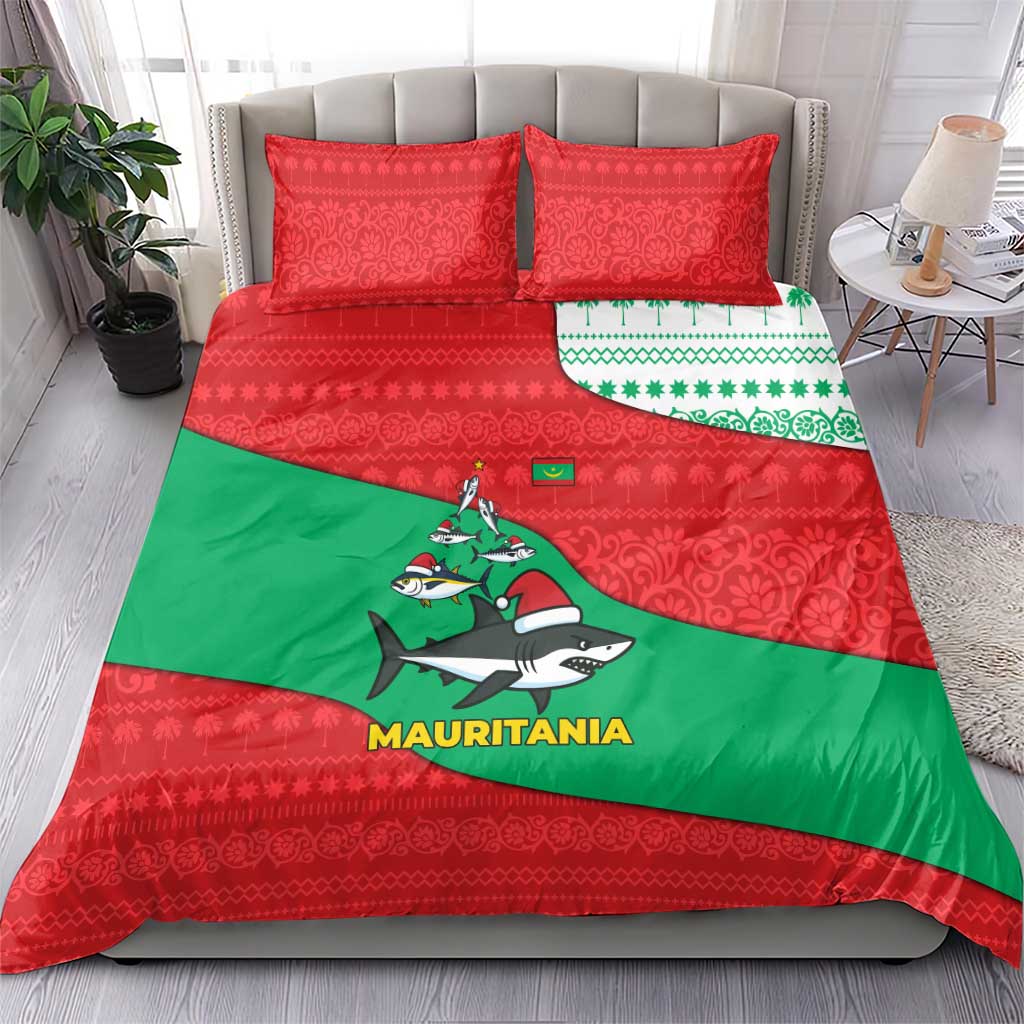 Mauritania Christmas Bedding Set with Santa Sharks Festive Fish Pattern and Red Green Holiday Design - Wonder Print Shop