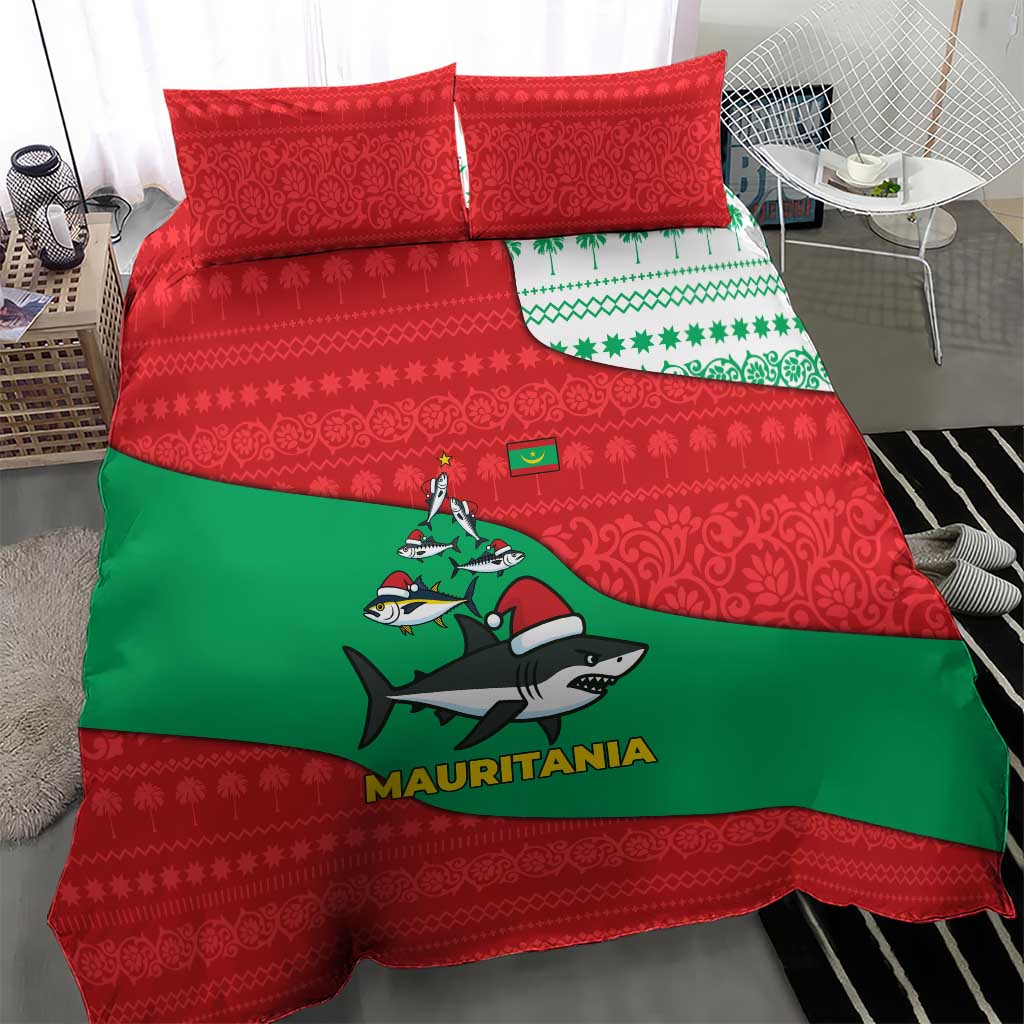 Mauritania Christmas Bedding Set with Santa Sharks Festive Fish Pattern and Red Green Holiday Design - Wonder Print Shop