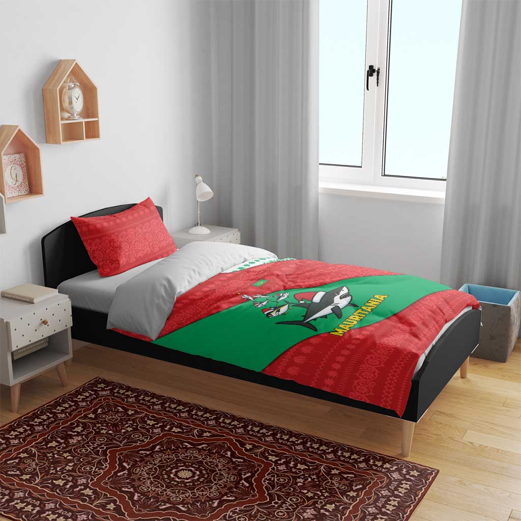 Mauritania Christmas Bedding Set with Santa Sharks Festive Fish Pattern and Red Green Holiday Design - Wonder Print Shop